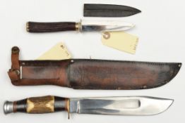 A Bowie knife, shallow fullered SE blade 8”, by Needham, Hill St, Sheffield, single brass
