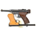 A .22” Hy Score target air pistol, number 881196, with blued metalwork and brown plastic grips; also