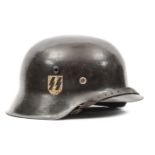 A Third Reich M42 single decal Waffen SS steel helmet,black finish with second pattern SS decal,