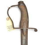 A continental cavalry sword, c 1800, curved, fullered blade 33”, with narrow back fuller,