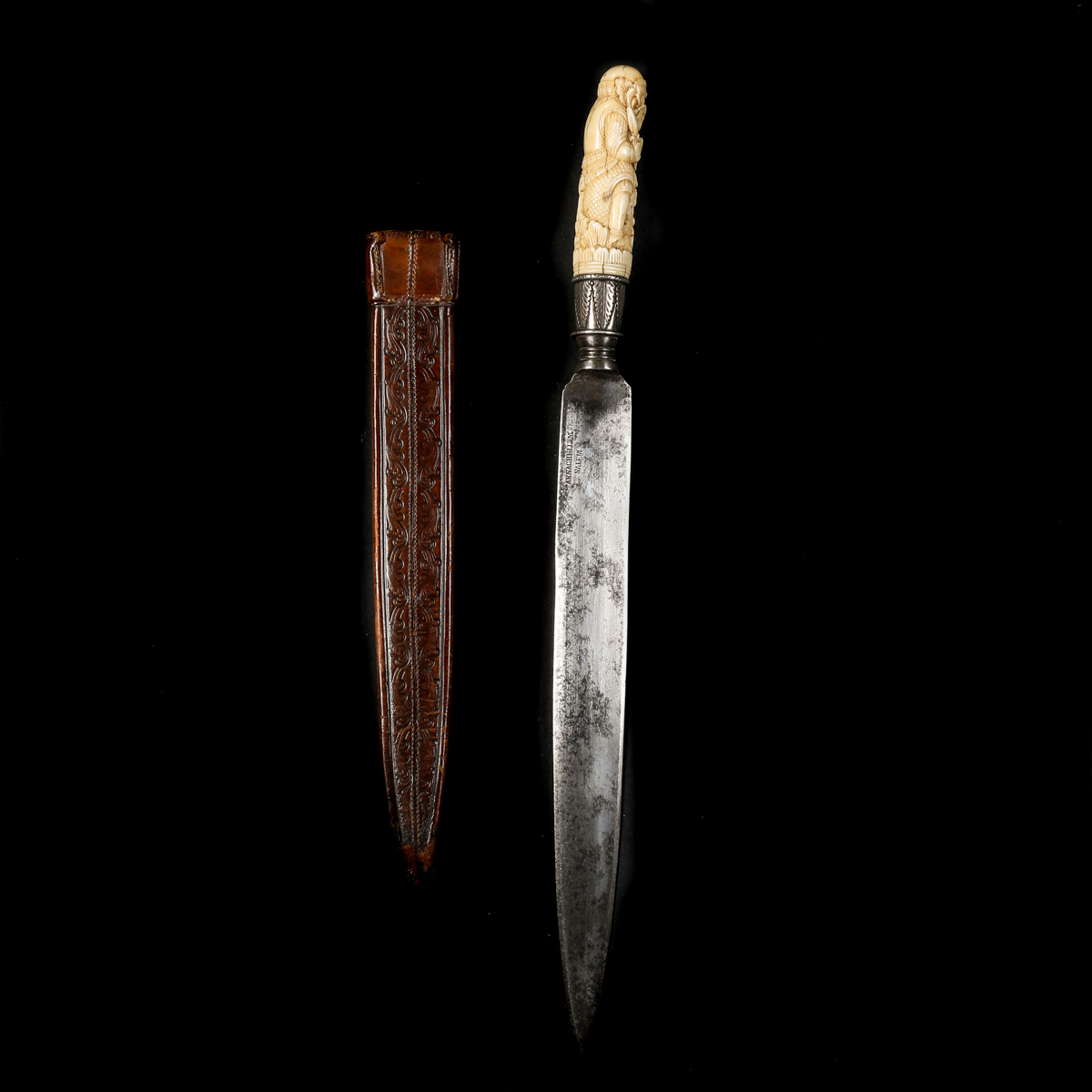 An Indian shikari hunting knife. Mid-19th century, straight DE blade 31cms stamped ARNACHELLUM - Image 2 of 3