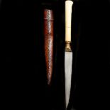 An Indian dagger kard. Late 19th century, straight single edge wootz blade 14cms, gilt stepped