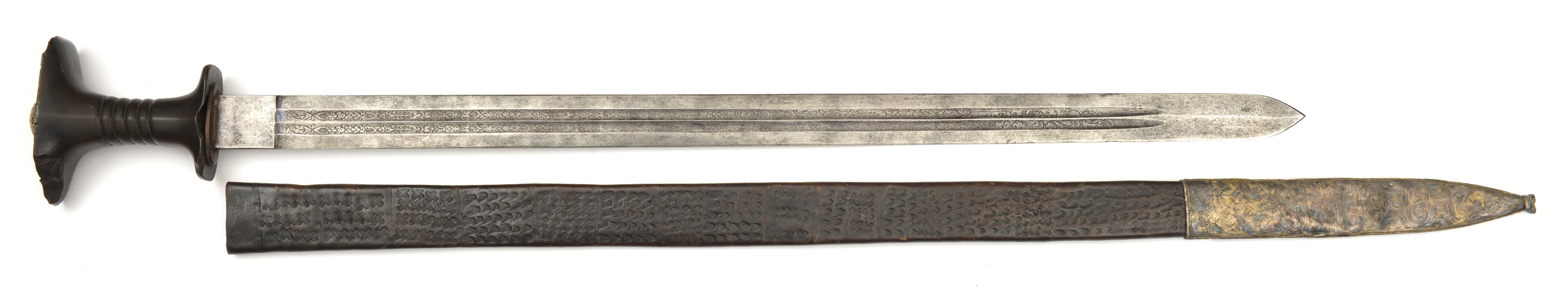 An Ethiopian sword shotel. early 20th century, broad straight DE Liegeoise blade 80cms cut with 2 - Image 2 of 3