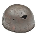 A WWII British despatch rider’s steel helmet, the lining and chin harness made up as for