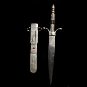 A North African knife. Straight DE blade 25cms, nickel hilt with up-turned cross-piece, short