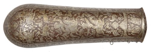 A Persian iron arm guard bazu band. Qjar dynasty, 29.5cms etched with hunting scenes involving