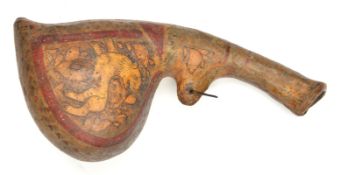 An Indo-Persian leather powder flask. Possibly 19th century, 24cms, of gourd form painted overall