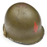 An American WWII M1 1st pattern steel helmet, the front painted with red diamond of the 5th Infantry
