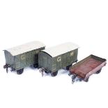 3 Carette for Bassett-Lowke Gauge One tinplate wagons. 2x GWR ventilated vans and a Midland
