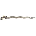 An Indian sword, wavy SE blade 25”, chiselled with panels of elephants and tigers amid foliage,