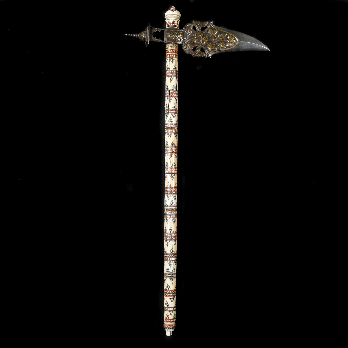 An Indian Hindu axe zagnal. Late 19th century, iron head 22cms with thick brass inlay of Krishna and - Image 2 of 3