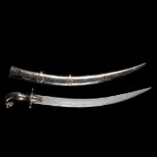 A decorative Indian short sword. Curved SE pattern welded blade 46cms with silver damascened