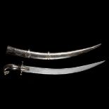 A decorative Indian short sword. Curved SE pattern welded blade 46cms with silver damascened