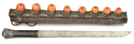 A fine Chinese or Tibetan silver mounted knife. 20th century, straight SE blade 30cms, 2 piece