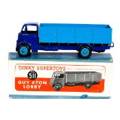 Dinky Toys Guy 4-ton Lorry (511). Cab and chassis in dark blue with mid blue rear body and wheels.
