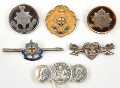 6 sweetheart items: silver RA brooch, badge in heart on crossed arrows, HM B’ham 1923; R Sussex