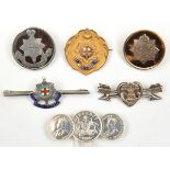 6 sweetheart items: silver RA brooch, badge in heart on crossed arrows, HM B’ham 1923; R Sussex