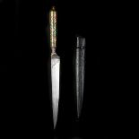 An Indian dagger kard. Straight single edge pattern welded blade 19cms, engraved silvered forte,
