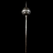 A Persian all-iron processional mace. Late Qjar dynasty, 95cms overall, large swollen head etched