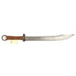 A Chinese shortsword, slightly curved and swollen blade 18”, with scalloped back edge at point,