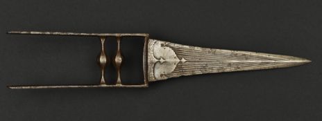 An Indian dagger katar, early 18th century. Blade 25cms cut with multiple convergent fullers, iron