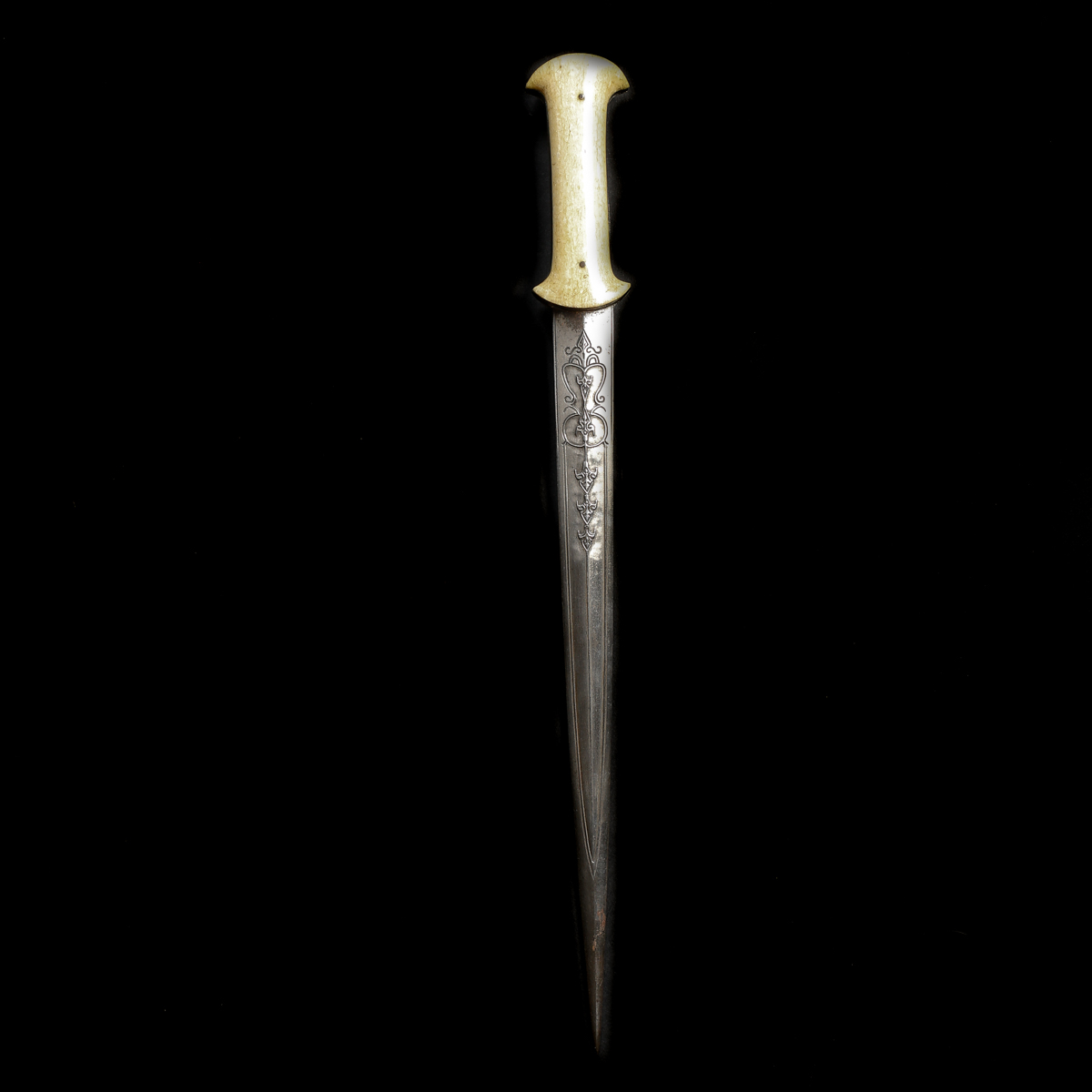 A Bosnian dagger. 19th century, straight tapered DE blade 36.5cms chiselled with geometric ornament, - Image 2 of 3