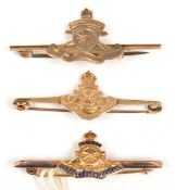 3 R Artillery 9ct gold sweetheart tie pins: plain engraved, enamelled and engraved Territorial