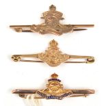 3 R Artillery 9ct gold sweetheart tie pins: plain engraved, enamelled and engraved Territorial