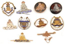 10 various R Artillery sweetheart badges, including .375 gold on tortoiseshell roundel, HM silver