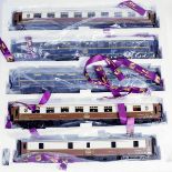 An M.T.H. O gauge 5-car SNCF passenger set. 2 salon cars and a baggage car in brown & cream and a