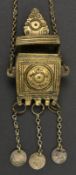 A small heavy Ottoman brass container. Possibly for ammunition, of square shape with hinged lid,