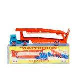 A Matchbox Major Series Car Transporter (K8). Guy Warrior transporter with blue-green cab, orange