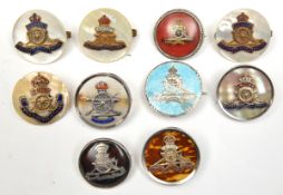10 various R.A. roundel sweetheart brooches, one HM B’ham 1916, 3 marked “Sterling”. GC