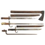 A Gras bayonet, d 1876 (no scabbard); a P1907 bayonet, ordnance stamps at forte, in scabbard; an