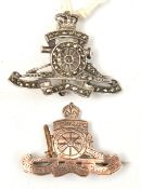 2 R.A. Artillery sweetheart brooches, as for cap badge, one “Silver & 9ct” engraved design, the