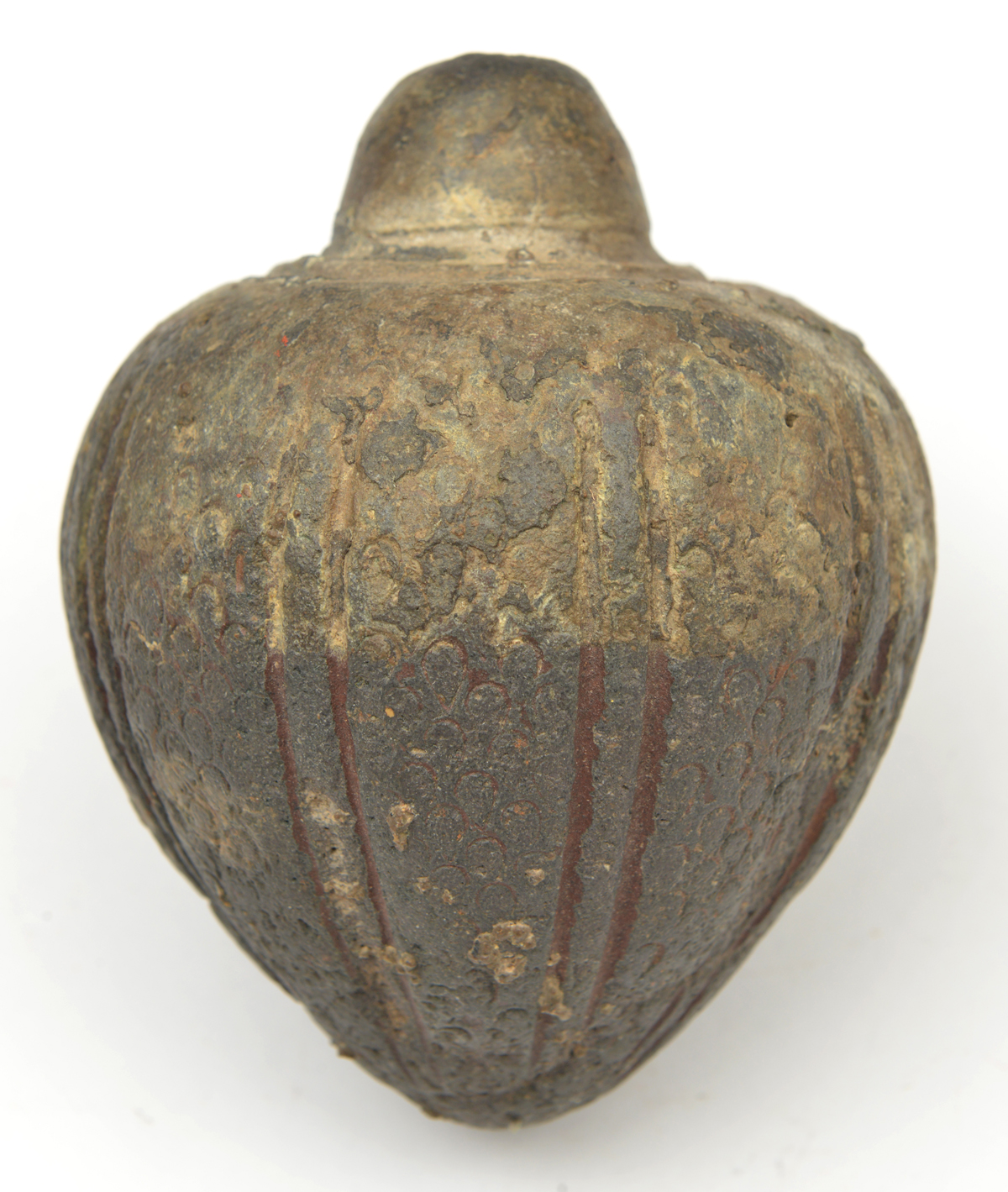 A dark grey-coloured pottery fire grenade. Probably 13th or 14th century11.5cms, of conventional