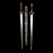 A Chinese 'river pirate's' double sword jian. c.1900, straight DE blades 53cms inlaid with small