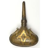 An Indo-Persian brass powder flask.19th century, swollen purse-shaped body with applied devices