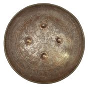 A Persian steel shield dhal. Qjar dynasty, 45cms diameter, fitted with 4 central bosses and etched