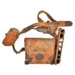 An interesting 19th century Afghan belt and 3 pouches, of brown cloth covered leather, “church