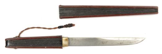 A Japanese fan dagger. Blade 14.6cms (cleaned), wooden hilt and sheath carved in the shape of a fan,