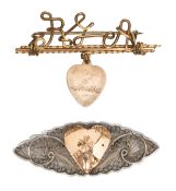 2 unusual sweetheart brooches: “RGA” gilt wire script initials on bar with pendant heart, pricker