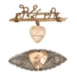 2 unusual sweetheart brooches: “RGA” gilt wire script initials on bar with pendant heart, pricker