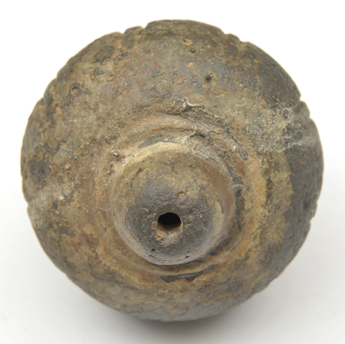 A dark grey-coloured pottery fire grenade. Probably 13th or 14th century11.5cms, of conventional - Image 2 of 3