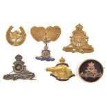 6 R Artillery sweetheart brooches: .375 gold on MOP roundel, London 1917; gilt R.A. badge as IOM