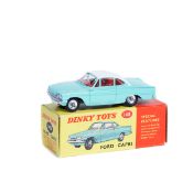 Dinky Toys Ford Capri (143). In turquoise with white roof and red interior, dished spun wheels