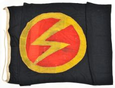 A flag bearing the device of the British Union of Fascists, black with red and yellow central