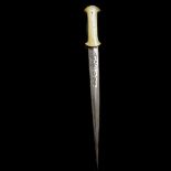 A Bosnian dagger. 19th century, straight tapered DE blade 36.5cms chiselled with geometric ornament,