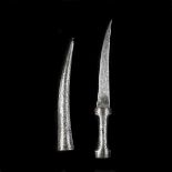 A Persian dagger jambiya. Late Qjar dynasty, curved DE blade 19cms etched overall en suite with iron