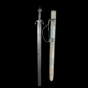 A Persian medieval revival sword. Qjar dynasty, straight DE watered blade 68cms cut with a single